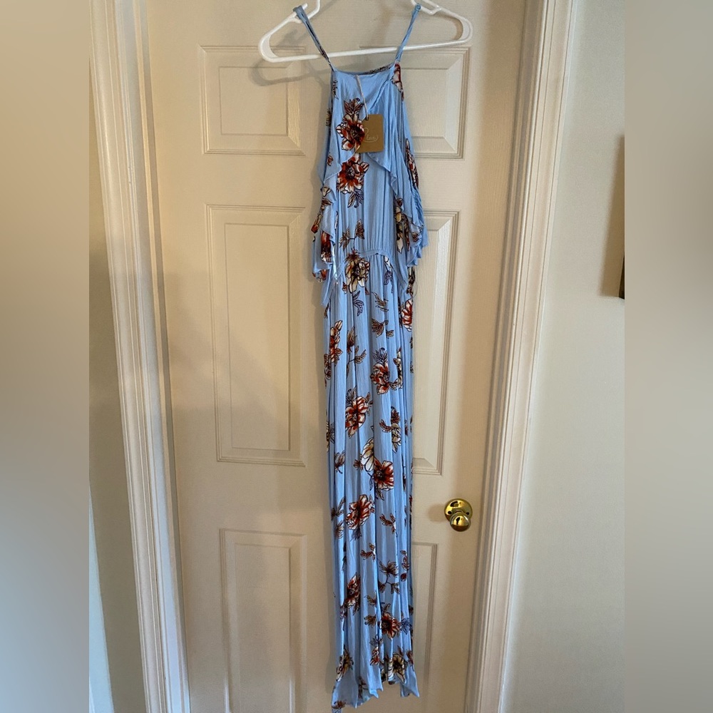 Blue floral cold shoulder maxi dress